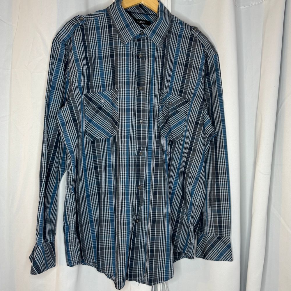 Alfani Blue Gray Plaid Button Down Dress Shirt Long Sleeve Business Casual XL‎